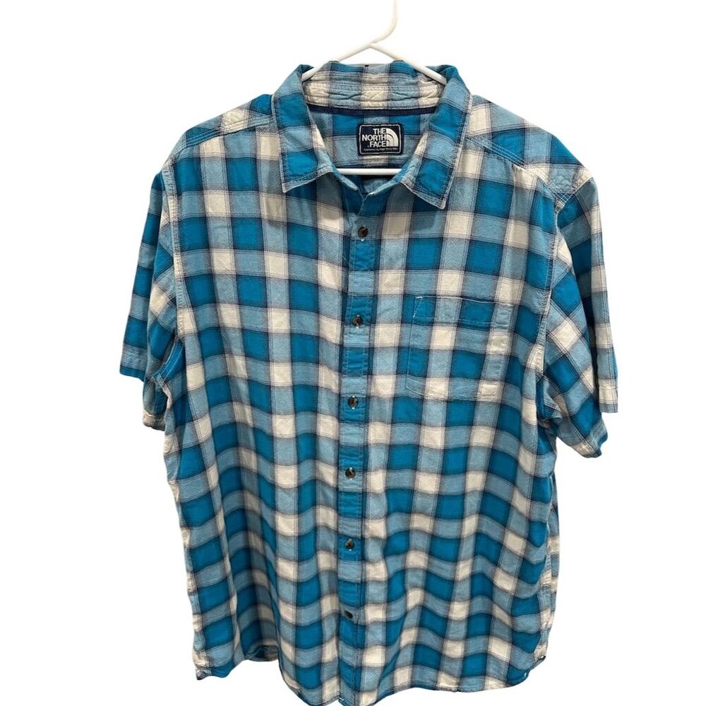 The North Face Men's XL Blue Plaid Short Sleeve Button-Up Shirt